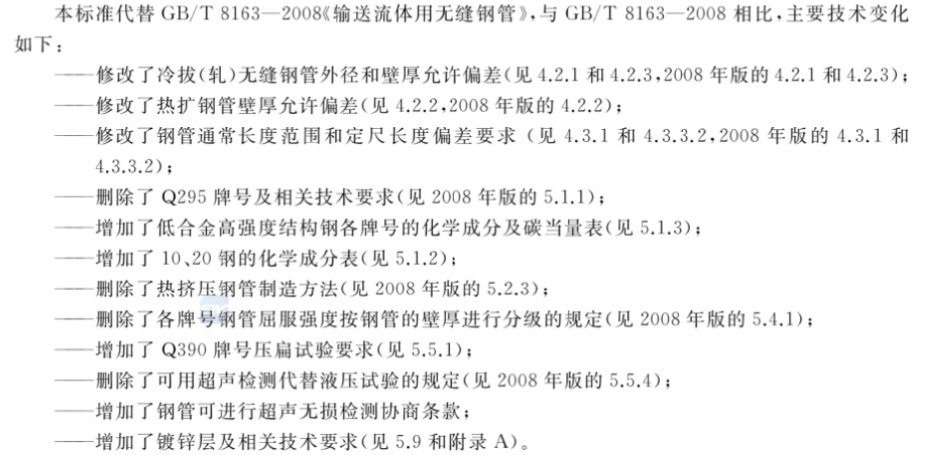 GB/T 8163-2018输送流体用无缝钢管标准与GB/T 8163-2008的变化